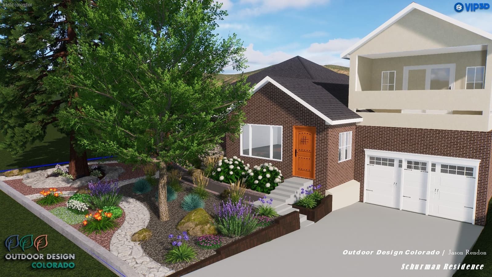 3D rendering of a front yard xeriscape with perennials, ornamental grasses, boulders and a rock path