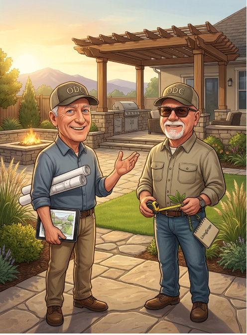 Illustration of two landscape designers with plans in front of a finished patio and pergola