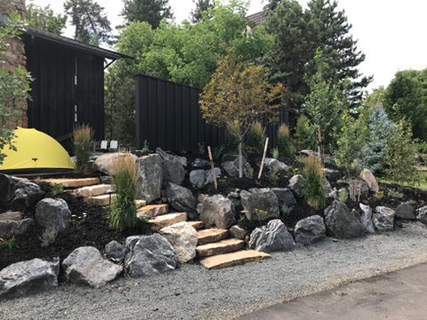 Boulder retaining wall with sandstone steps and drought-tolerant plantings