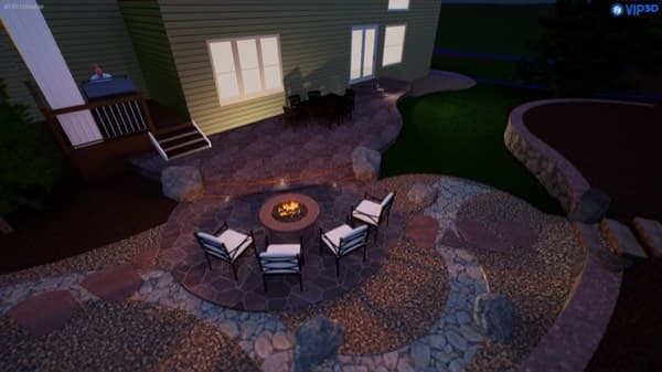 3D design rendering of a circular fire pit patio and dining area at night