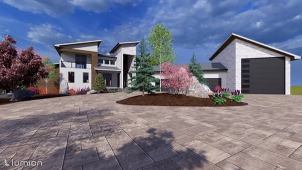3D design rendering of a modern home with a paver driveway and landscaped planting island