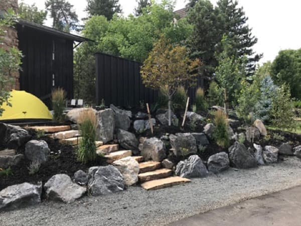 Boulder retaining wall with sandstone steps and drought tolerant plantings