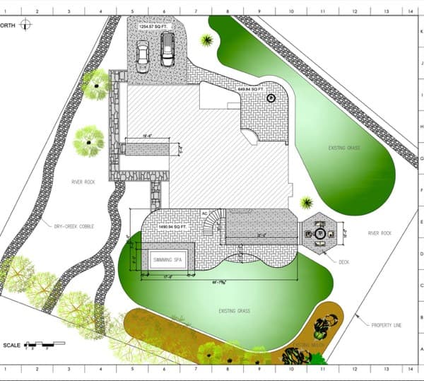 2D landscape design site plan with patios, a spa, deck and planting beds